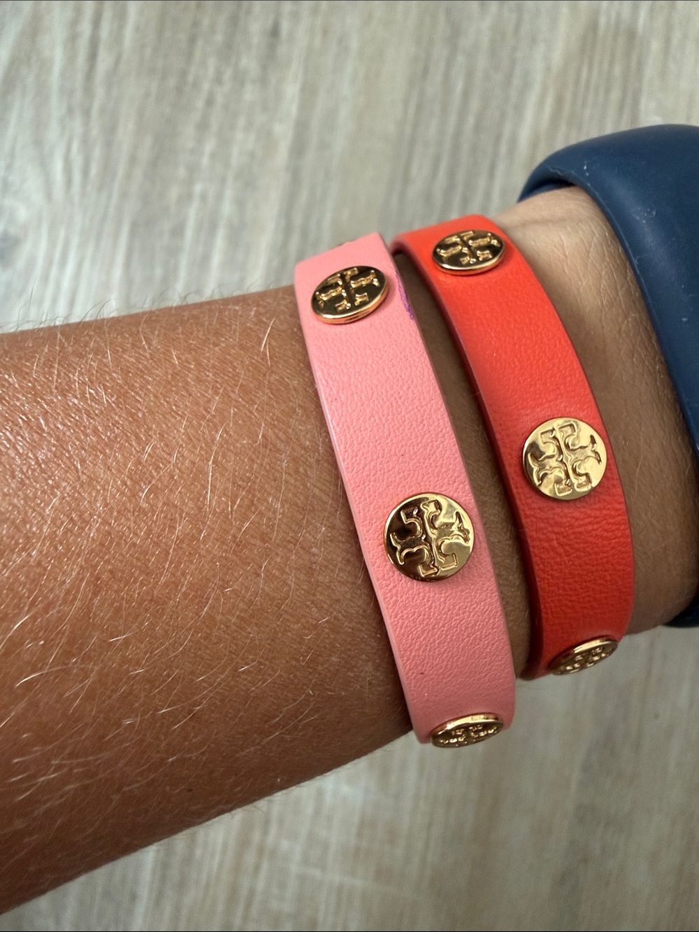 Tory Burch Pink and Coral Leather Logo Stud Wrap Bracelets — Gold Accents